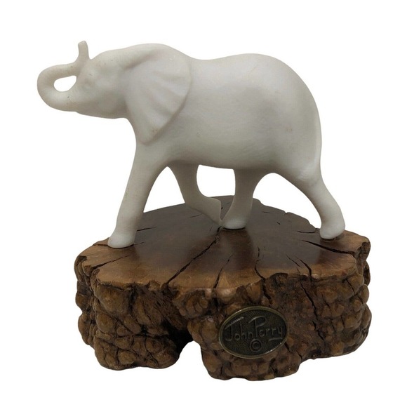 Unbranded Other - John Perry White Elephant On Natural Burl Wood Sculpture Figure Figurine Vintage